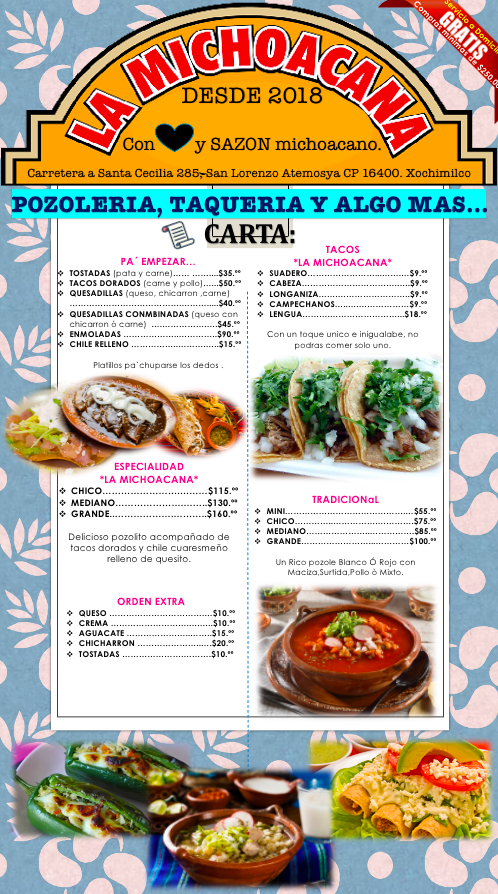 Carta de POZOLERIA & TAQUERIA LA MICHOACANA  en San Lorenzo ATEMOAYA , XOCHIMILCO — página 1